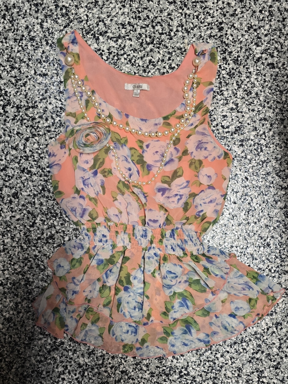 Peach Floral Sleeveless Peplum Top with Pearl Detail